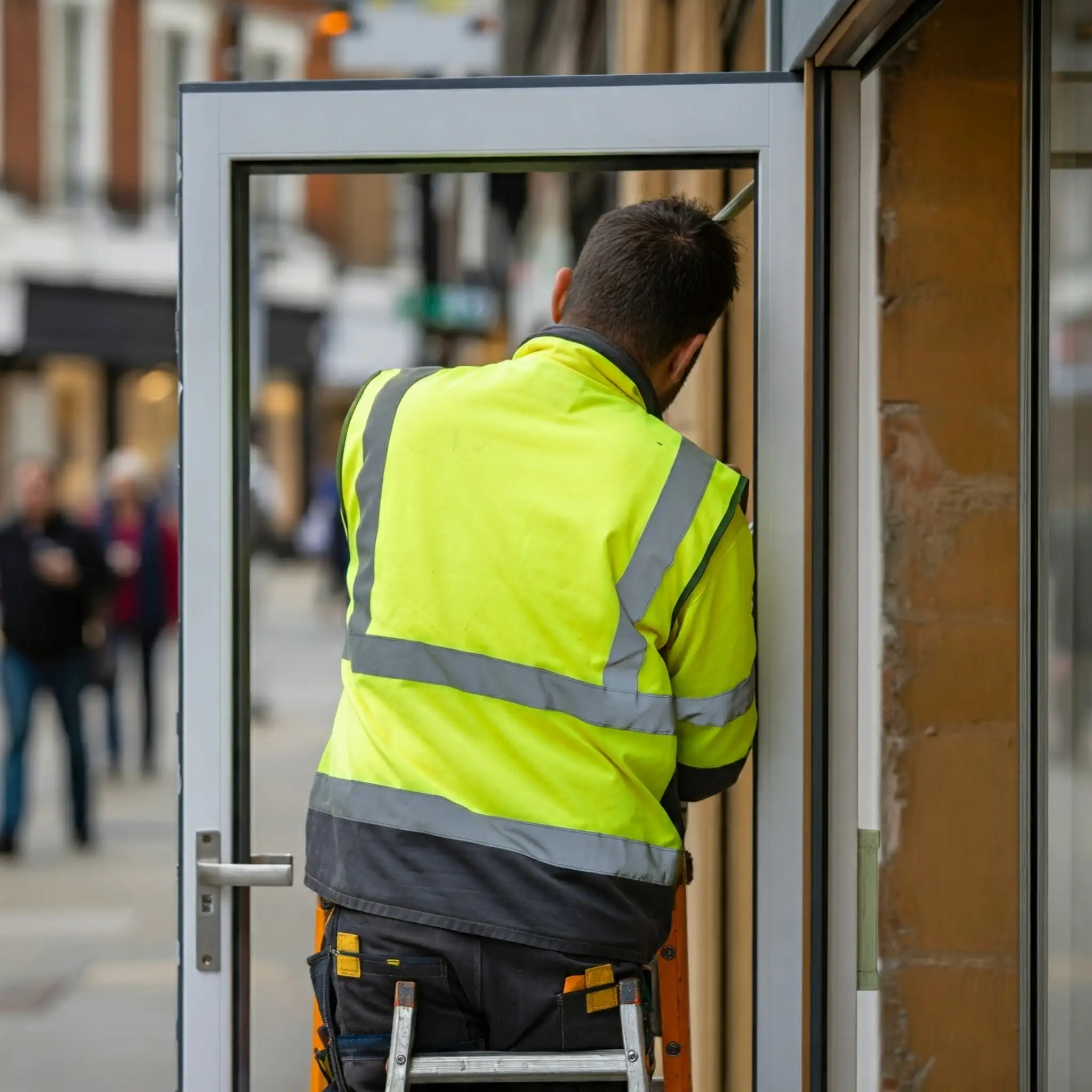 Urgent door repair being carried out on a commercial aluminium shop front in Bromley Park